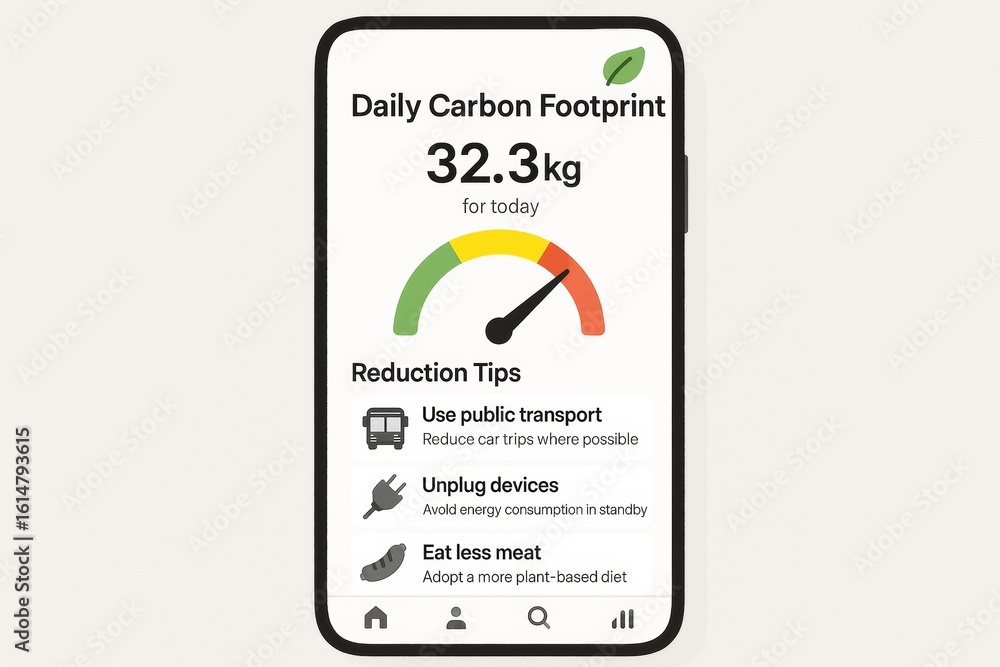 Poster smartphone screen showing daily carbon footprint with eco tips and colorful gauge on light backgroun