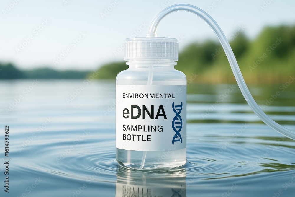 Poster environmental edna sampling bottle floating on water surface connected by tube in a clean natural se