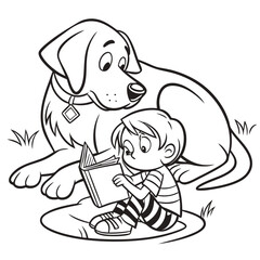 Child Holding a Book Sitting on Blanket Beside Therapy Dog – Hand-Drawn Vector for Emotional Support and Coloring Practice