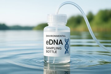Environmental eDNA sampling bottle floating on water surface connected by tube in a clean natural setting with forest background and soft daylight. Ai generative