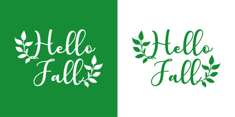 Logo con texto manuscrito hello fall con siluetas de hojas de árbol en rama para felicitaciones y tarjetas © teracreonte