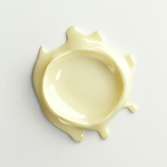 Creamy, pale yellow liquid, shaped like a splattered, circular seal