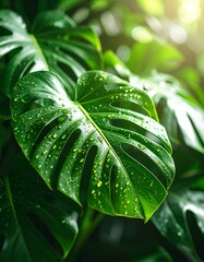 A macro shot of a Monstera plant in natural daylight