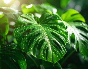 A macro shot of a Monstera plant in natural daylight