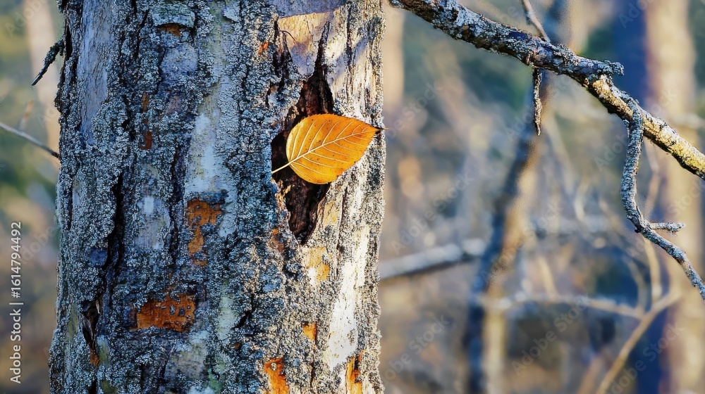 Aufkleber leaf resting in tree cavity with soft focus background