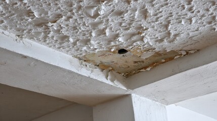 Damaged ceiling with peeling paint and hole in corner
