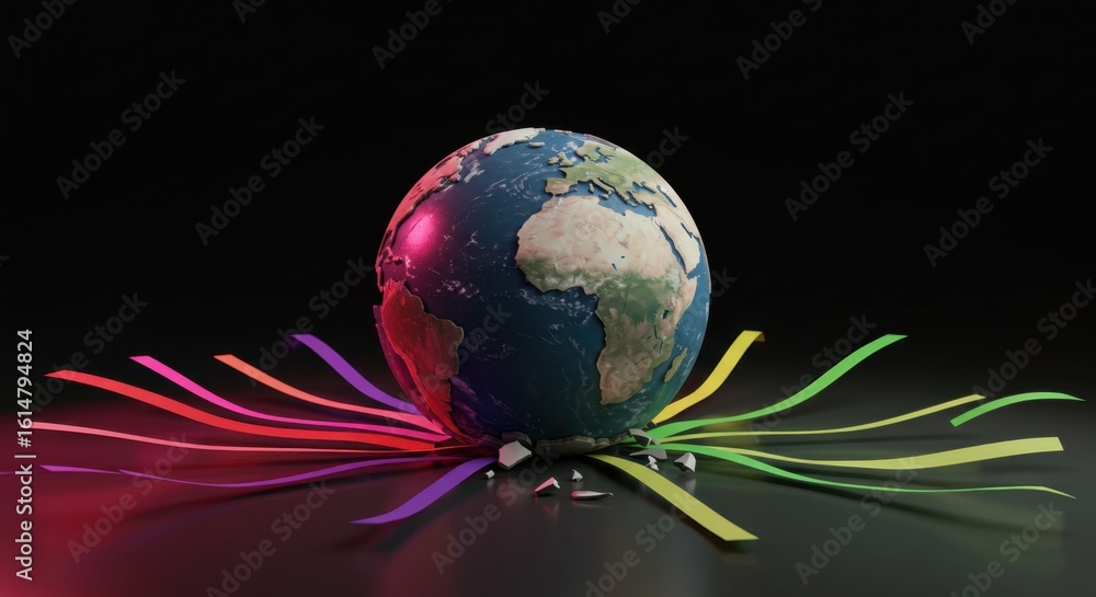 Poster a stunning conceptual visualization of planet earth surrounded by colorful streams representing crea