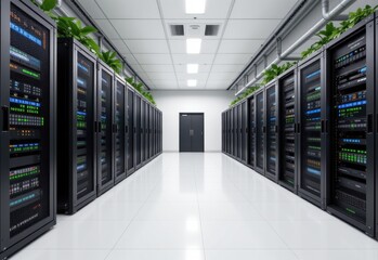 Fototapeta premium a renewable energy powered data center with green cooling systems and energy efficient server racks in a clean white room