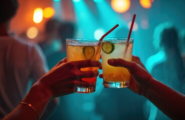Two people clink glasses with cocktails in vibrant nightclub setting. Friends celebrate at party, enjoying drinks, music. Colorful lights illuminate scene, creating festive atmosphere for dancing,