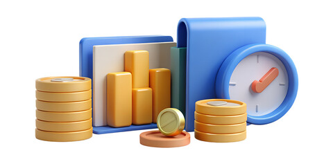 3D Finance Concept - Gold Watch, Coin Stack & Financial Graph - Investment, Wealth Management & Business Growth Visualization