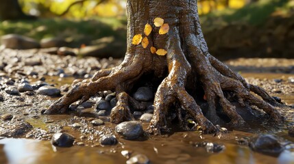Fototapeta premium Majestic Tree Roots by Water with Golden Leaves in Autumn Setting