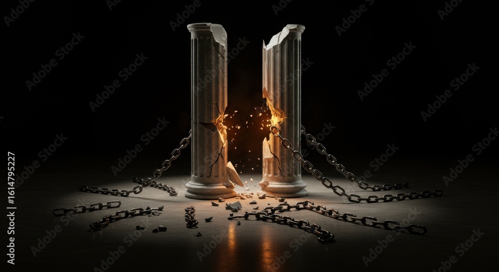Poster dramatic breaking columns surrounded by chains and sparks in a dark environment