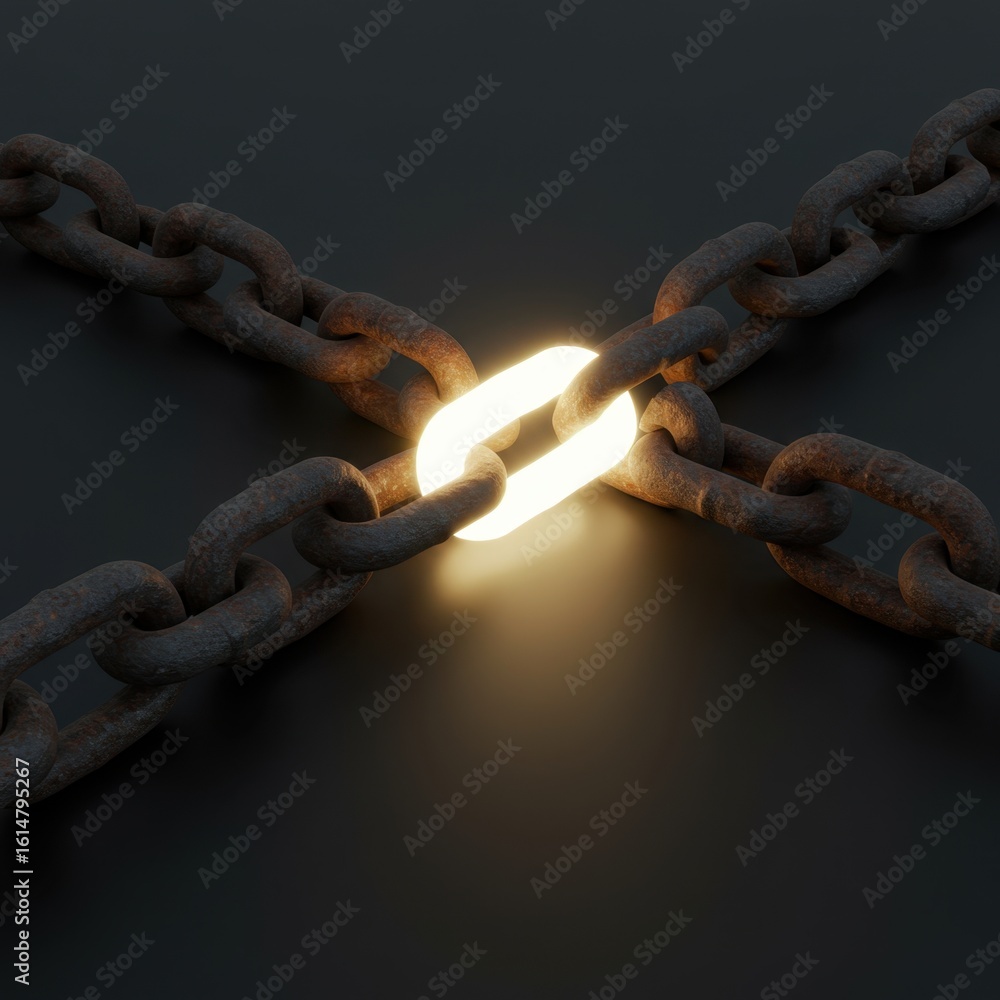 Poster illuminated chain links representing strength and connection in a dark setting