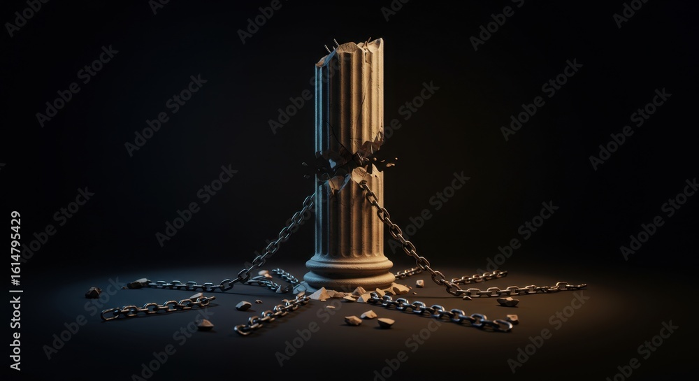 Poster a symbol of resilience and constraint: a broken column bound by chains in a dark setting