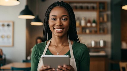 A smiling young business owner holds a tablet while standing in her cafe - Powered by Adobe