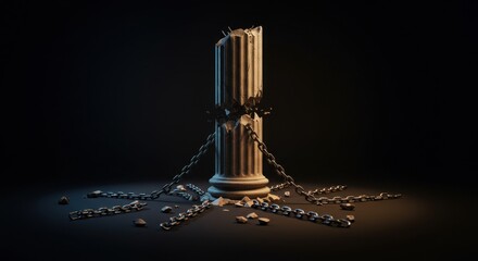 A Symbol of Resilience and Constraint: A Broken Column Bound by Chains in a Dark Setting