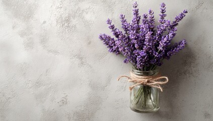 A bouquet of lavender in a glass jar on a textured surface