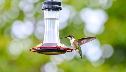 Hummingbird at feeder, out-of-focus background