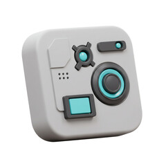 A futuristic control panel with buttons and a central dial suggests advanced technology and user interface design.