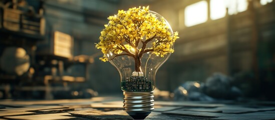Green plant and flower bouquet in a glass vase with an isolated yellow lightbulb concept of nature's eco-friendly energy