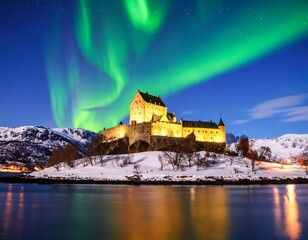 Majestic castle under vibrant aurora borealis