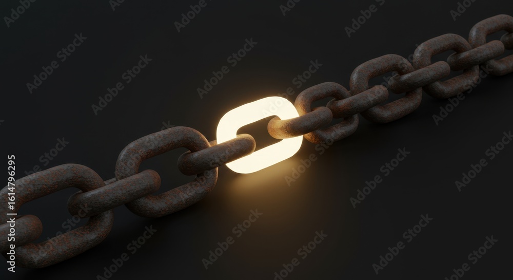 Poster a close-up view of a rusty chain highlighting a glowing link symbolizing connection and strength