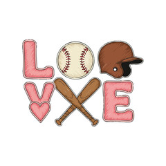 Baseball Love Heart, Ball, Bats, and Helmet Illustration