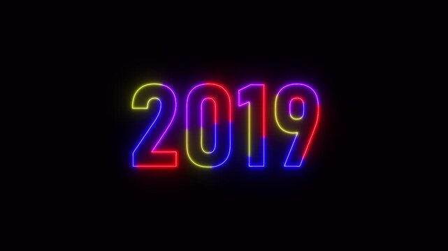 2019 neon line text. Abstract 2019 neon text animation ,For neon color Glowing neon number text background 4k video animation .Digital font against a dark background with neon line looping animation.