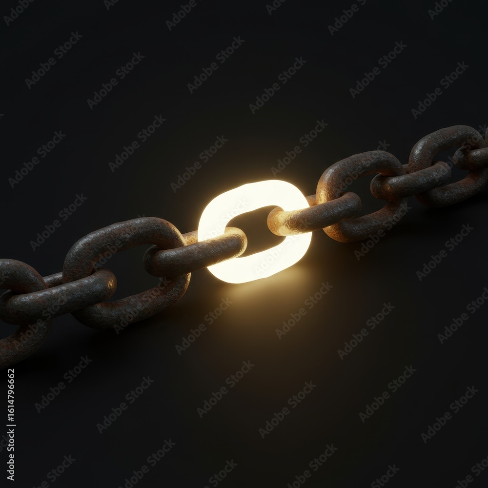 Poster illuminated chain link: a symbol of strength and connection in the dark