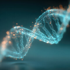 luminous 3D representation of a DNA double helix with glowing particles, symbolizing genetics, biotechnology, and futuristic science on a dark background