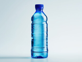 clear blue plastic bottle filled with water stands upright against a clean, light-colored background, symbolizing hydration, simplicity, and everyday utility