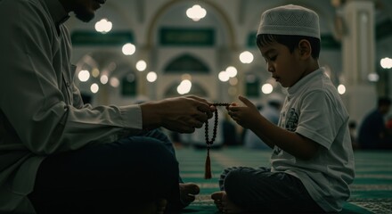 Fototapeta premium A Father and Son's Evening Prayer: Passing Down Faith in a Mosque