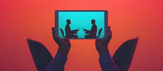 Business communication concept vector illustration of men, women, and a girl in silhouette, working and meeting at a table with laptops