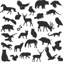  Comprehensive collection of diverse wild animal silhouettes including mammals, birds, and reptiles, ideal for nature, wildlife, and wilderness designs.