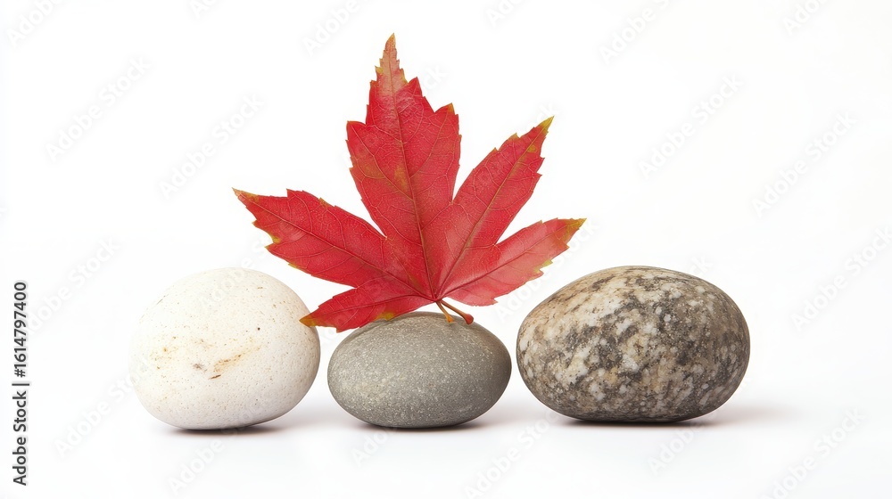 Poster red maple leaf on smooth stones in minimalistic design setting