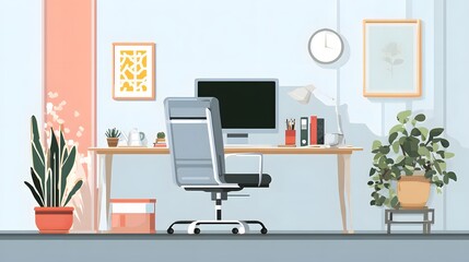 Modern home office setup with desk, computer, chair, and decorative plants creating a productive and stylish workspace environment