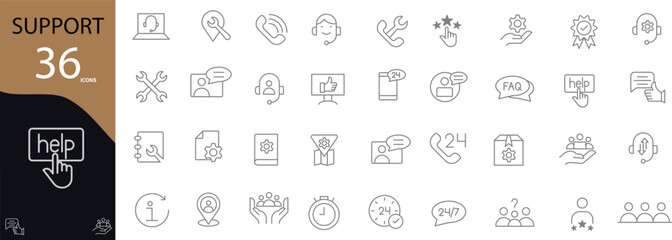 Support related icon collection. Containing help desks, live chat, FAQs, technical support, headset operators, feedback, tools, and service ratings. Vector illustration. Outline icons. Editable stroke