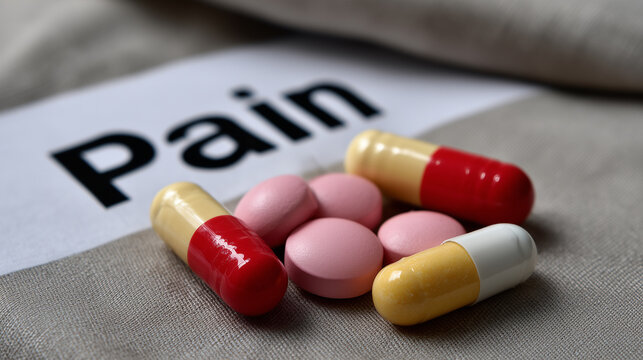 Collection of colorful tablets and capsules on fabric surface with the word Pain printed in bold, depicting medical treatment and pain relief options