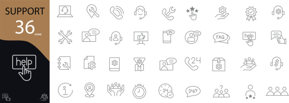 Support related icon collection. Containing help desks, live chat, FAQs, technical support, headset operators, feedback, tools, and service ratings. Vector illustration. Outline icons. Editable stroke