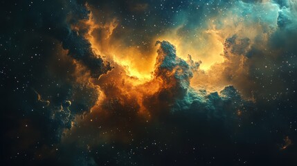 A cosmic mystery unfolds as a supernova's fiery embrace illuminates the dark, dusty nebula, blending astral light with the boundless infinity of the universe