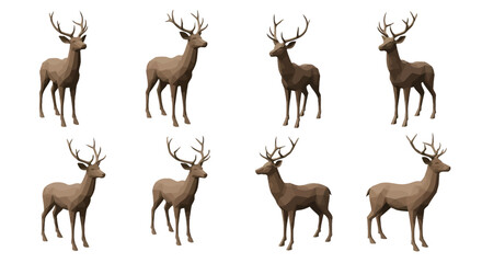 Naklejka premium A collection of eight brown stag illustrations with large antlers shown from multiple angles.