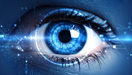 Close-up of a blue eye overlaid with digital circuitry