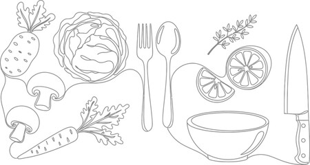 Fresh ingredients and cutlery for healthy cooking preparation