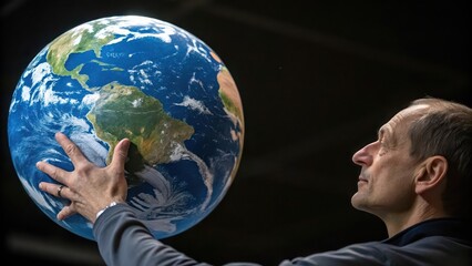 Fototapeta premium Man holding earth globe concept for global business sustainability and environmental awareness campaign