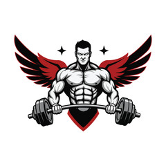 Bodybuilder with Wings Lifting Barbell Logo