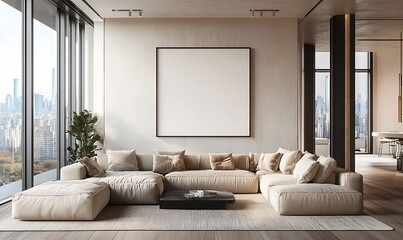 Blank white poster on the center of light wall in stylish living room with big beige sofa, cashmere carpet on wooden floor and city view from big window. Generative Ai