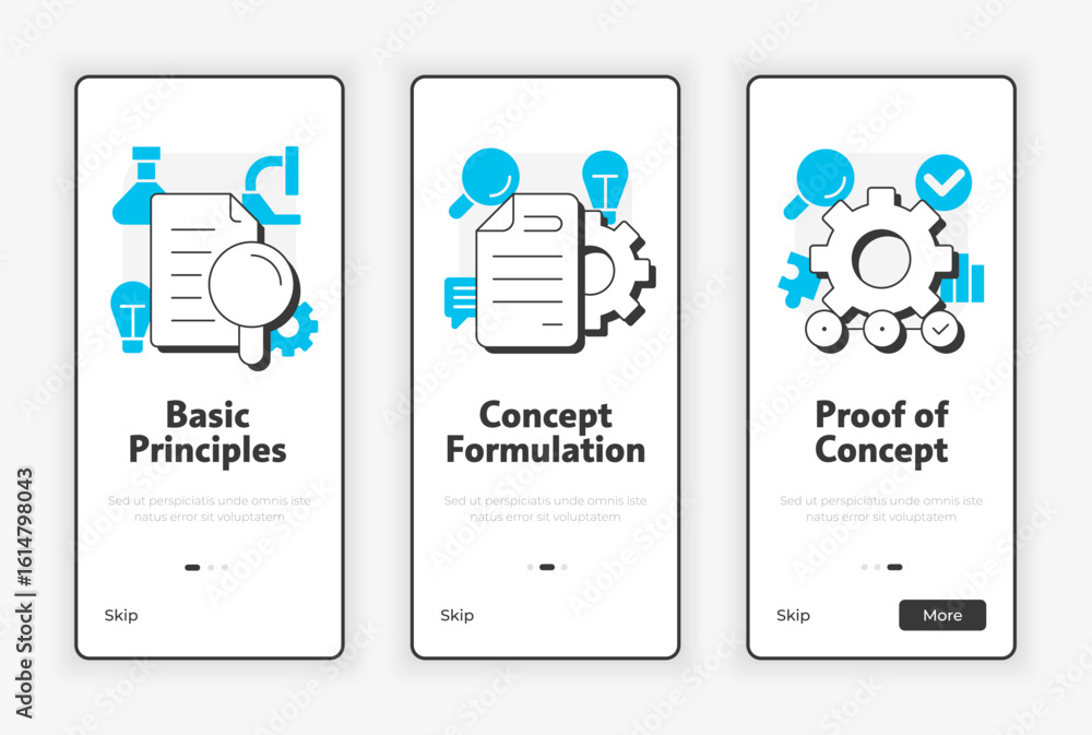 Wall mural technology readiness levels mobile onboarding screen. research stage of innovation ux ui illustratio