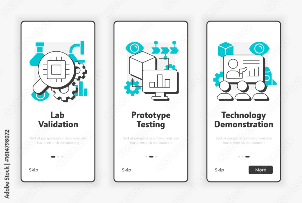 Poster levels of technology readiness mobile onboarding screen. development stage management ux ui illustra