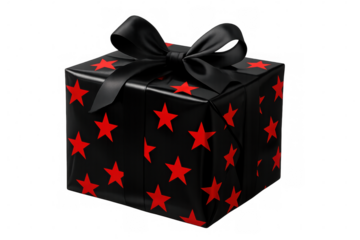 Black gift box with red stars and black ribbon on transparent background