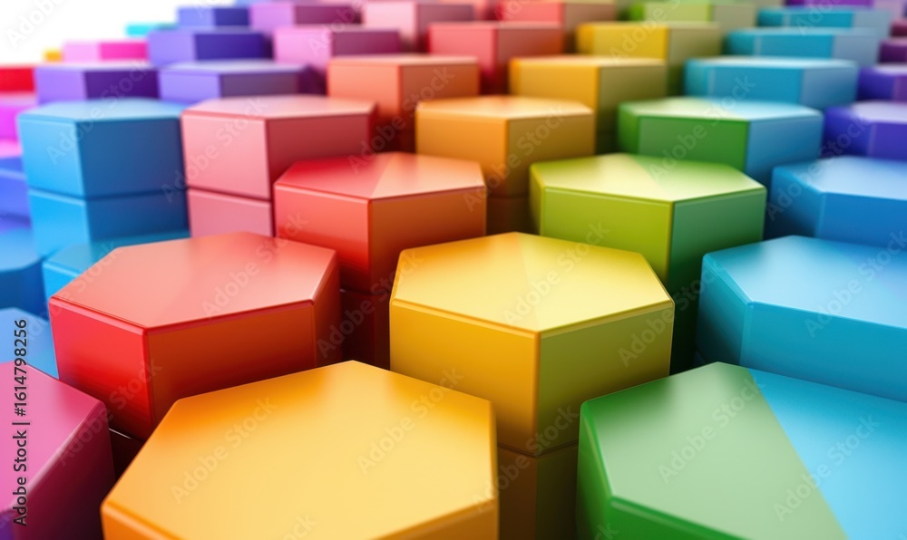 Poster colorful hexagonal blocks arranged in a stepped abstract pattern graphic
